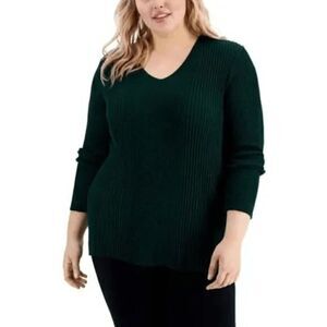 ALFANI Women's Plus Size Ribbed Shine V-Neck Sweater Green 1X